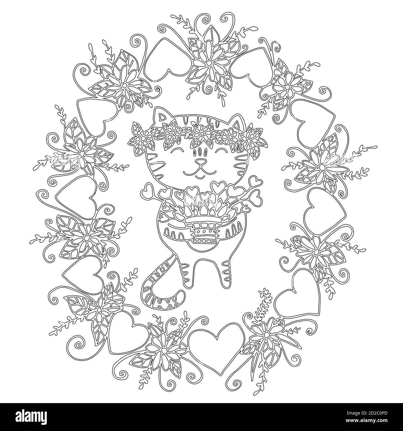 Cute coloring book with a cat and flowers for children and adult Stock Vector