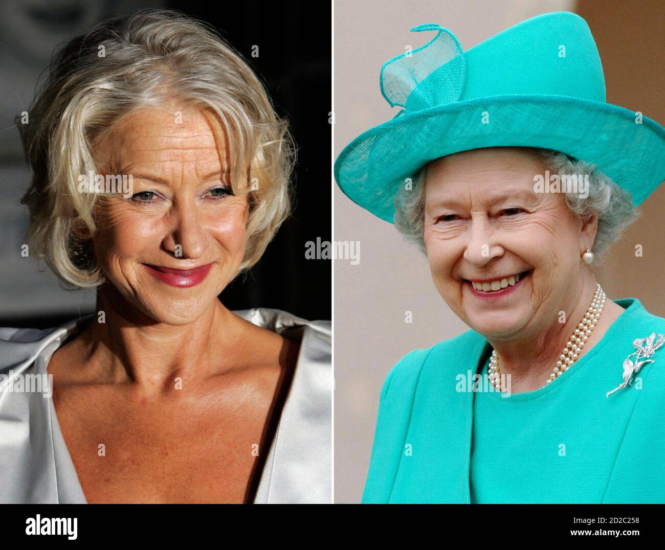 A combination photograph shows British actress Helen Mirren arriving for the British premiere of 'The Queen' at the Curzon Mayfair cinema in London September 13, 2006 and Britain's Queen Elizabeth II leaving after attending the traditional Easter Sunday Service at St George's Chapel in Windsor Castle April 16, 2006. Mirren was named best actress for her pitch-perfect portrayal of the ruling Queen Elizabeth in 'The Queen,' a tale about the British royal family in a time of crisis at the death of Princess Diana at the 79th Annual Academy Awards in Hollywood, California, February 25, 2007. REUTER Stock Photo