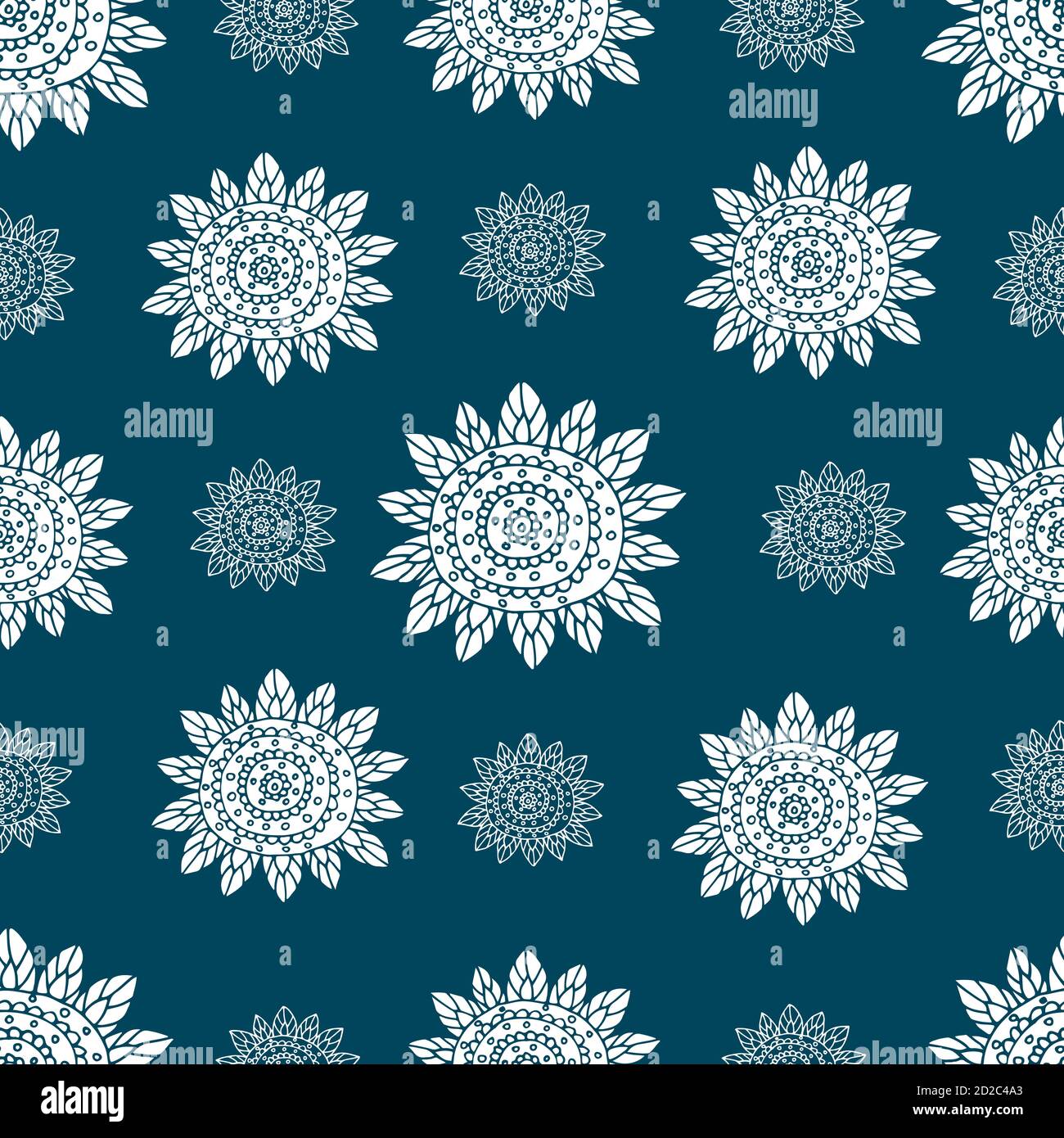 Monochrome doodle ethnic flowers seamless pattern. Stock Vector