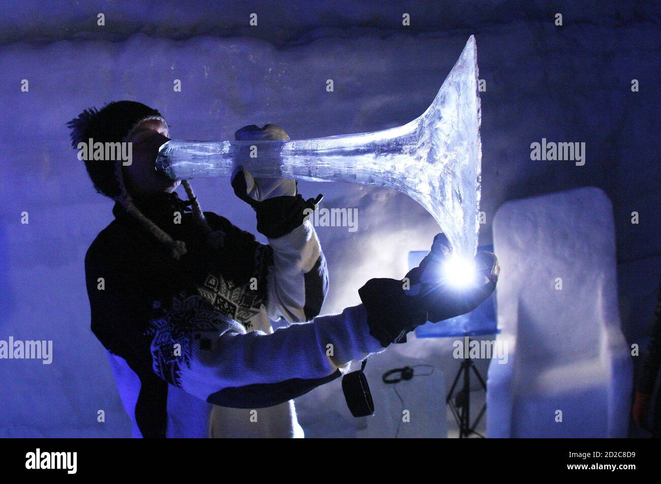Norwegian musician Terje Isungset plays an ice instrument during a concert  at the Ice Music Festival, in the valley of Val Senales in northern Italy,  February 23, 2008. The festival takes place