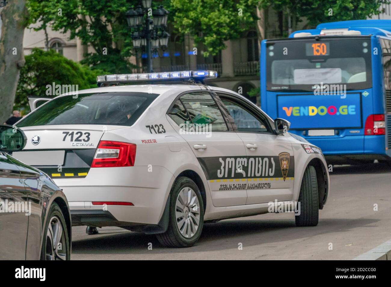 Tbilisi, Georgia - June 28 2019: Police car on the asphalt road in the city on a sunny clear day Stock Photo