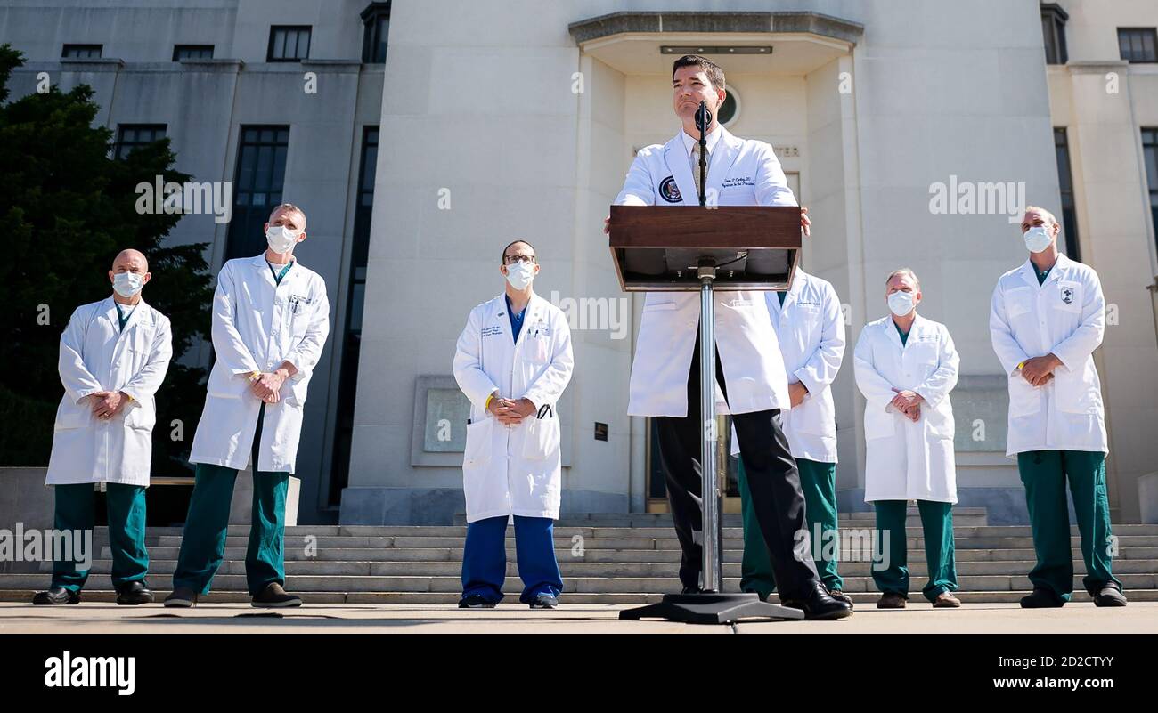 Physician to the President, Doctor Sean Conley, joined by members of the President’s medical team, delivers remarks to reporters Sunday, October 4, 2020, at Walter Reed National Military Medical Center in Bethesda, Maryland regarding the President’s health and coronavirus situation. (USA) Stock Photo