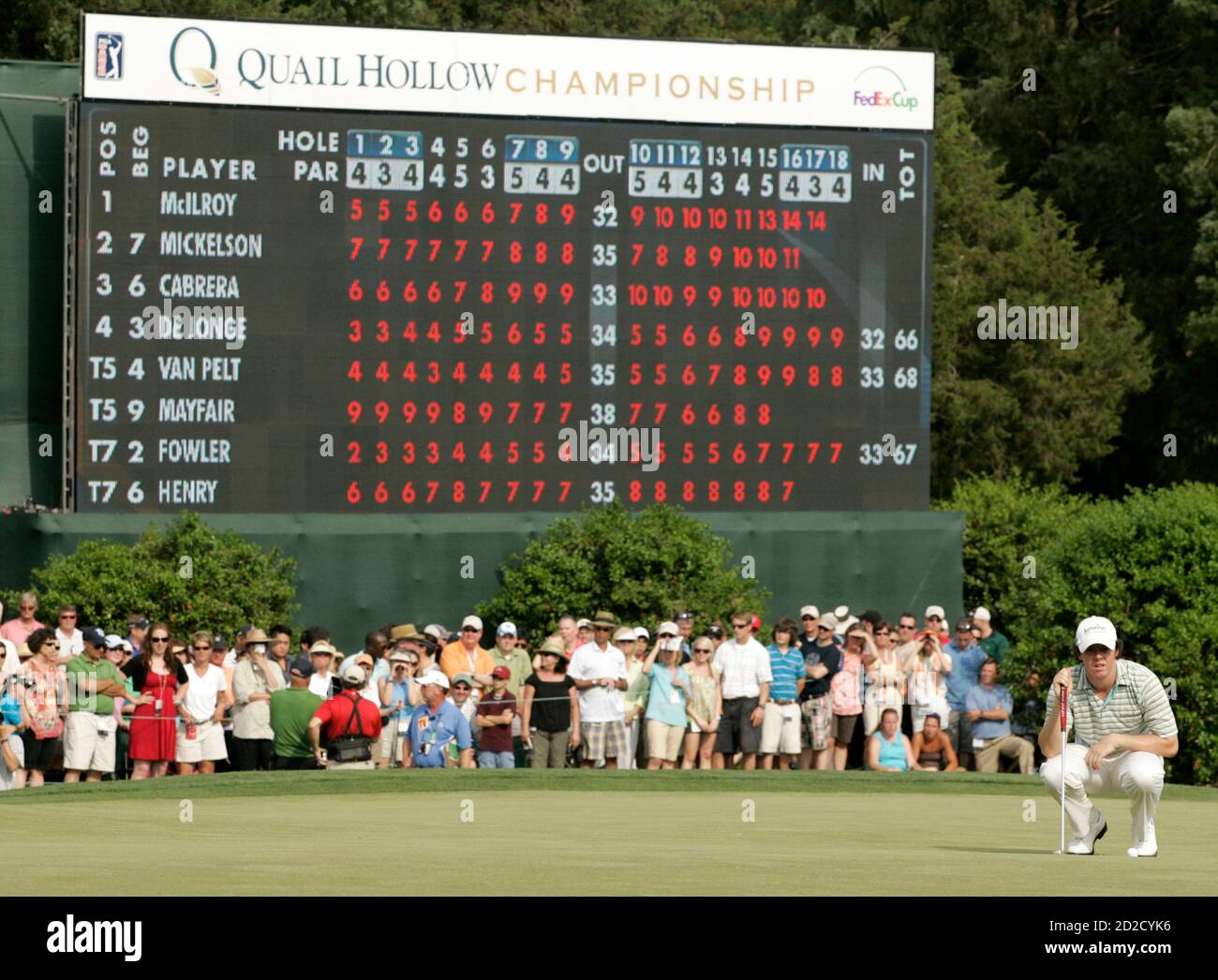 Rory McIlroy of Northern Ireland lines up his putt at the 18th green during the final round of the Quail Hollow Championship in Charlotte, North Carolina May 2, 2010. REUTERS/Jason Miczek (UNITED STATES - Tags: SPORT GOLF) Stock Photo