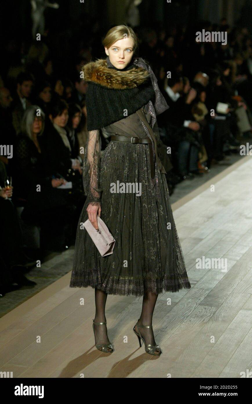 A model presents a creation by French 