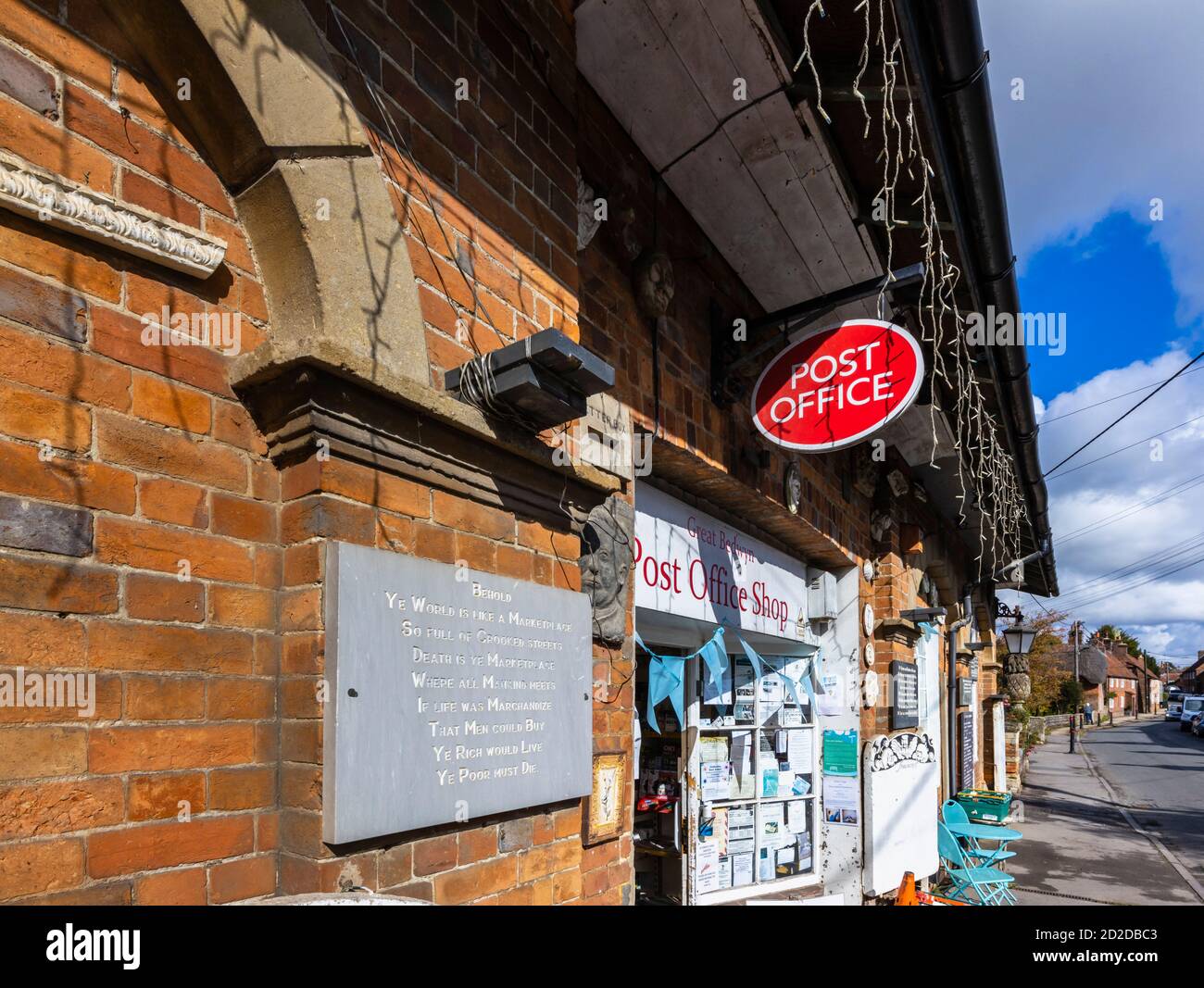 Exterior of the Post Office shop with a vintage slate inscription in
