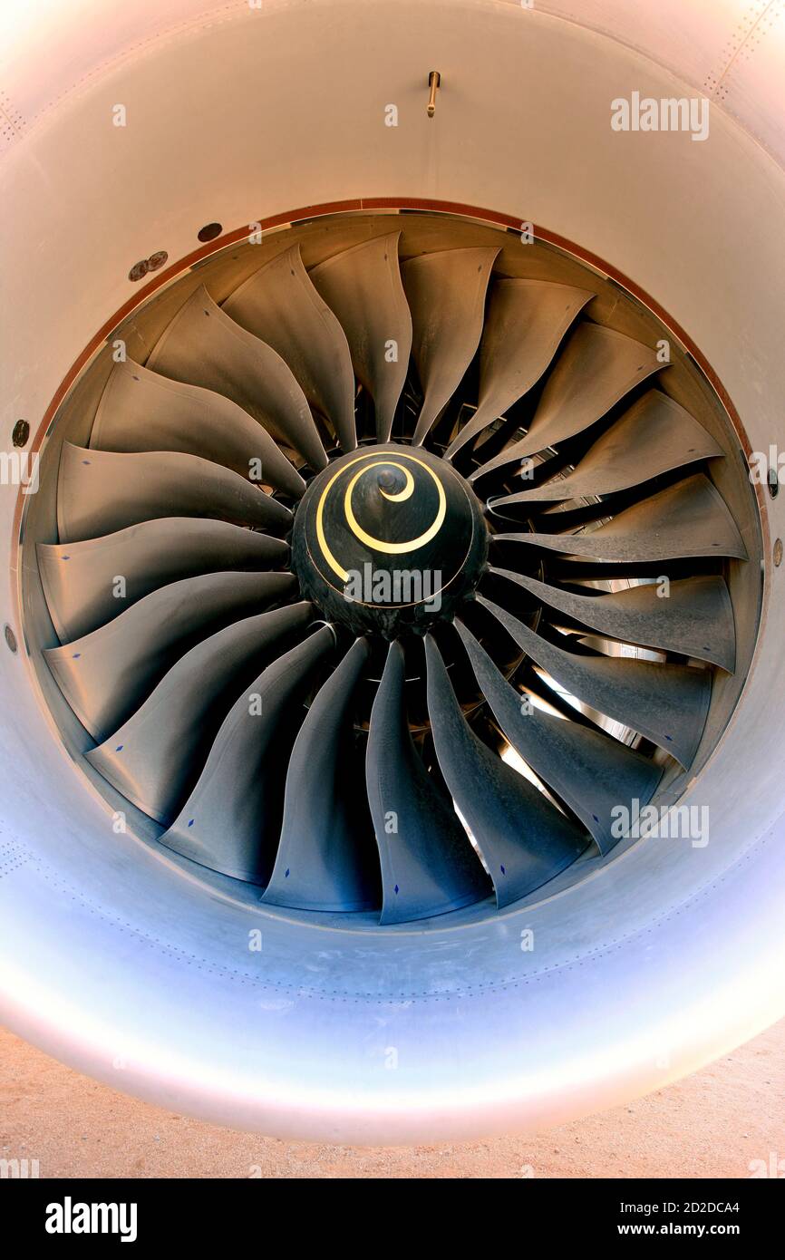 Fan blades of a Rolls Royce RB211 attached to a Boeing 767 Stock Photo