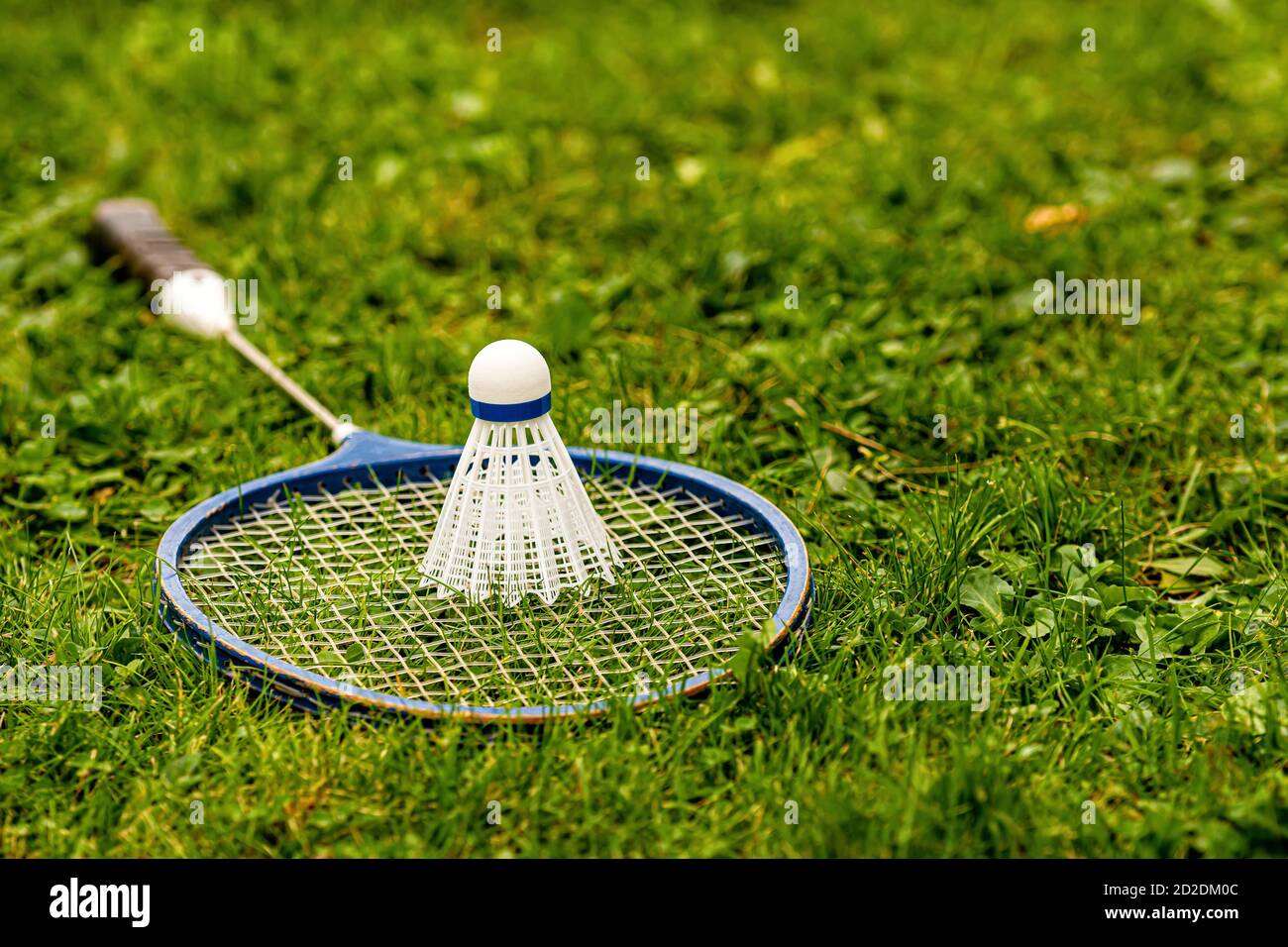 Badminton rackets and shuttlecock on green grass Stock Photo Alamy