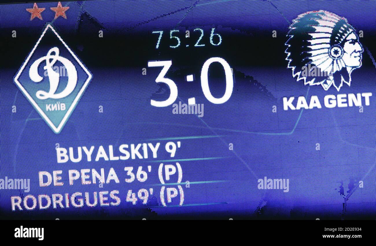 KYIV, UKRAINE - SEPTEMBER 29, 2020: Score of the game seen on electronic scoreboard of NSC Olimpiyskyi stadium in Kyiv during the UEFA Champions League play-off game Dynamo Kyiv v Gent. Dynamo won 3-0 Stock Photo