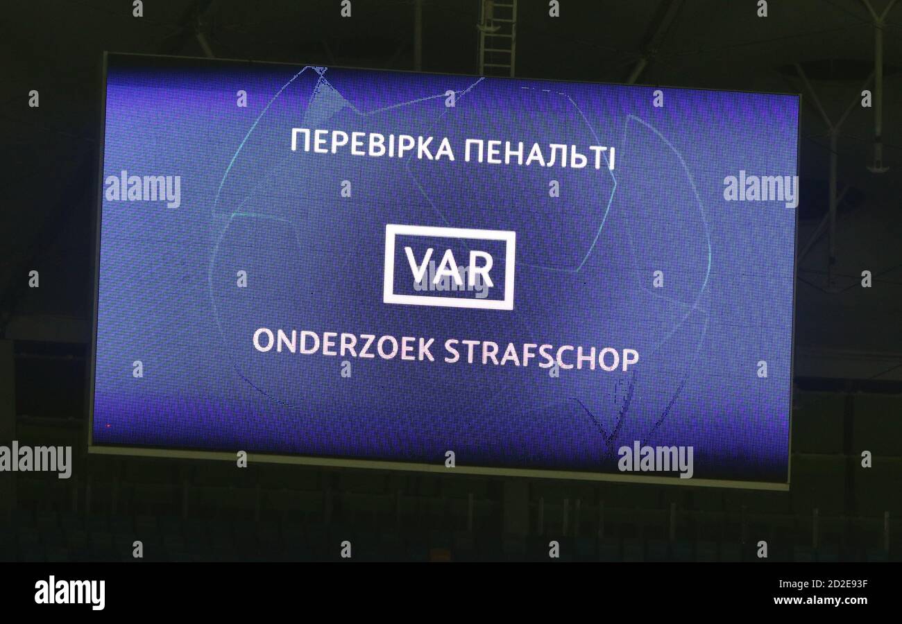 KYIV, UKRAINE - SEPTEMBER 29, 2020: Message of VAR penalty check seen on electronic scoreboard of NSC Olimpiyskyi stadium in Kyiv during the UEFA Champions League play-off game Dynamo Kyiv v Gent Stock Photo