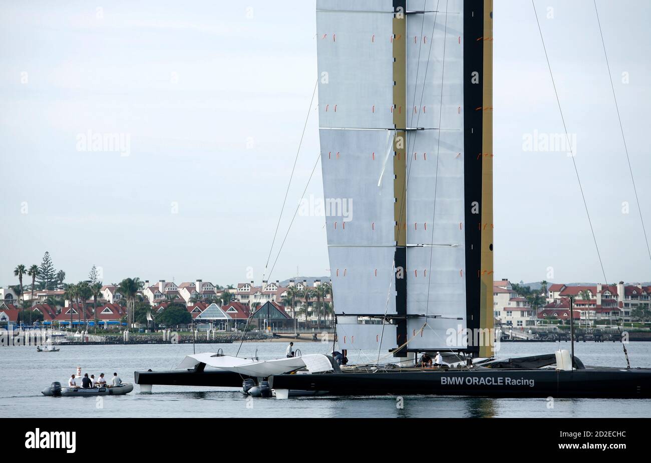 BMW Oracle Racing debuts a radical new 190-foot airplane like hard wing  sail on its BOR90 trimaran in San Diego, California, November 11, 2009.  Towering nearly 190 ft (57 m) above the
