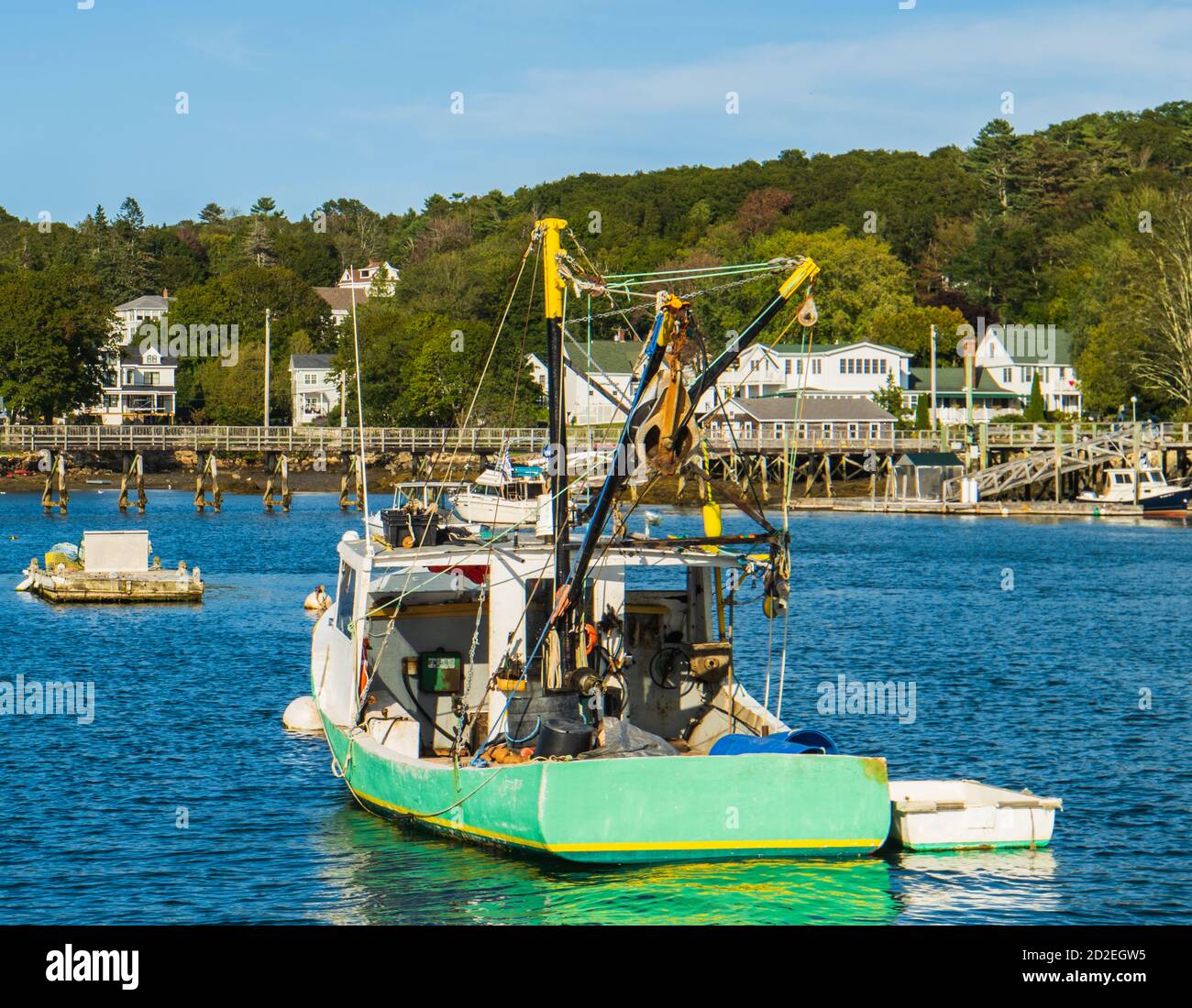 lobster boat moored in Boothbay Harbor, a Maine coastal village Stock