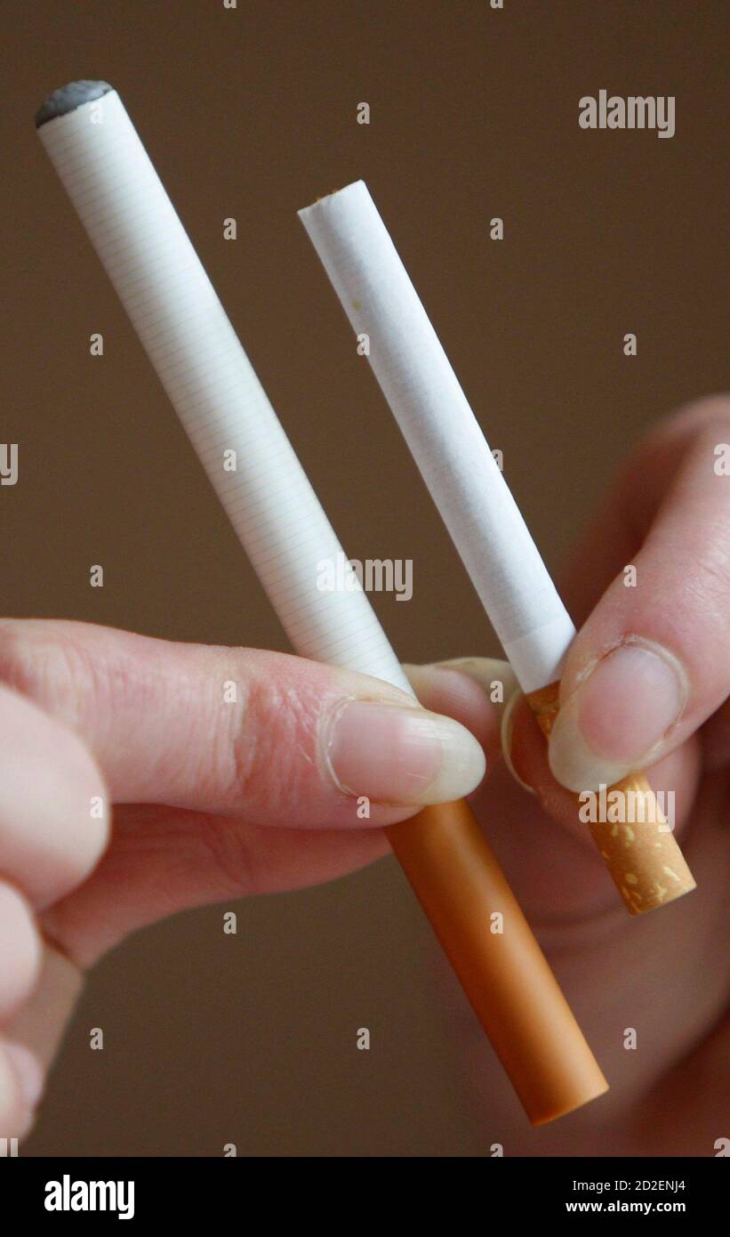 A woman displays an E-cigarette (L), an electronic substitute in the form  of a rod, slightly longer than a normal cigarette (R), in Bordeaux,  southwestern France, on March 25, 2008. The changeable