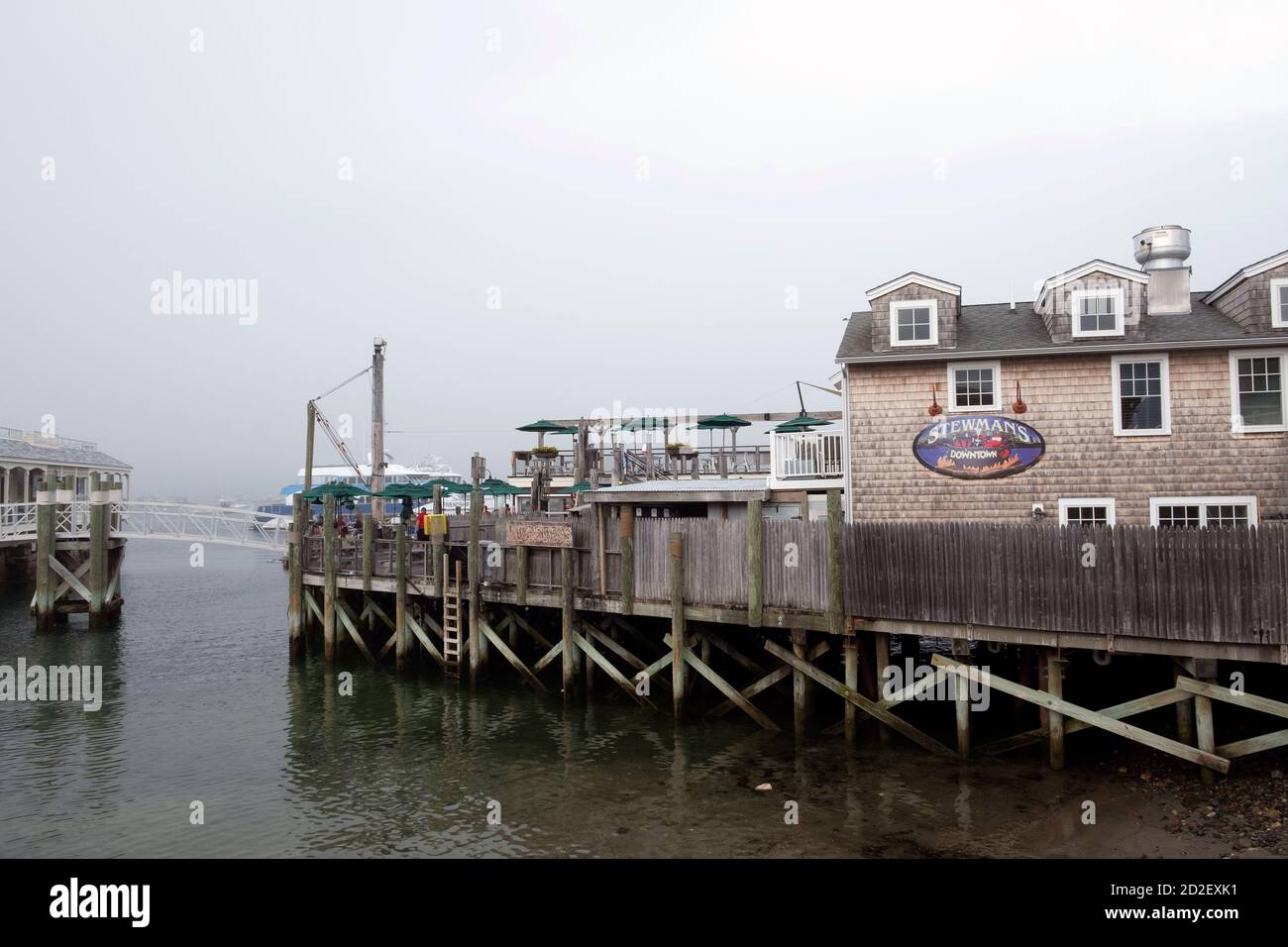 Town of Bar Harbor, Seafood Restaurants on the Wharf, Maine, USA. Stock Photo