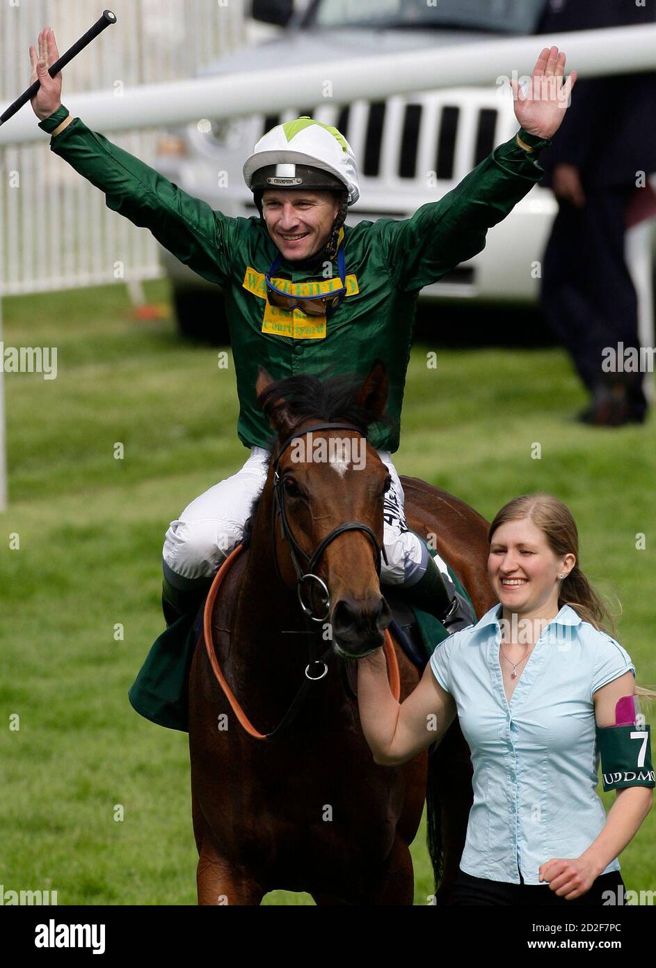 Seb Sanders celebrates winning the Oaks on his mount Look Here during the Epsom Derby Festival at Epsom Downs in Surrey, southern England June 6, 2008.    REUTERS/Darren Staples   (BRITAIN) Stock Photo