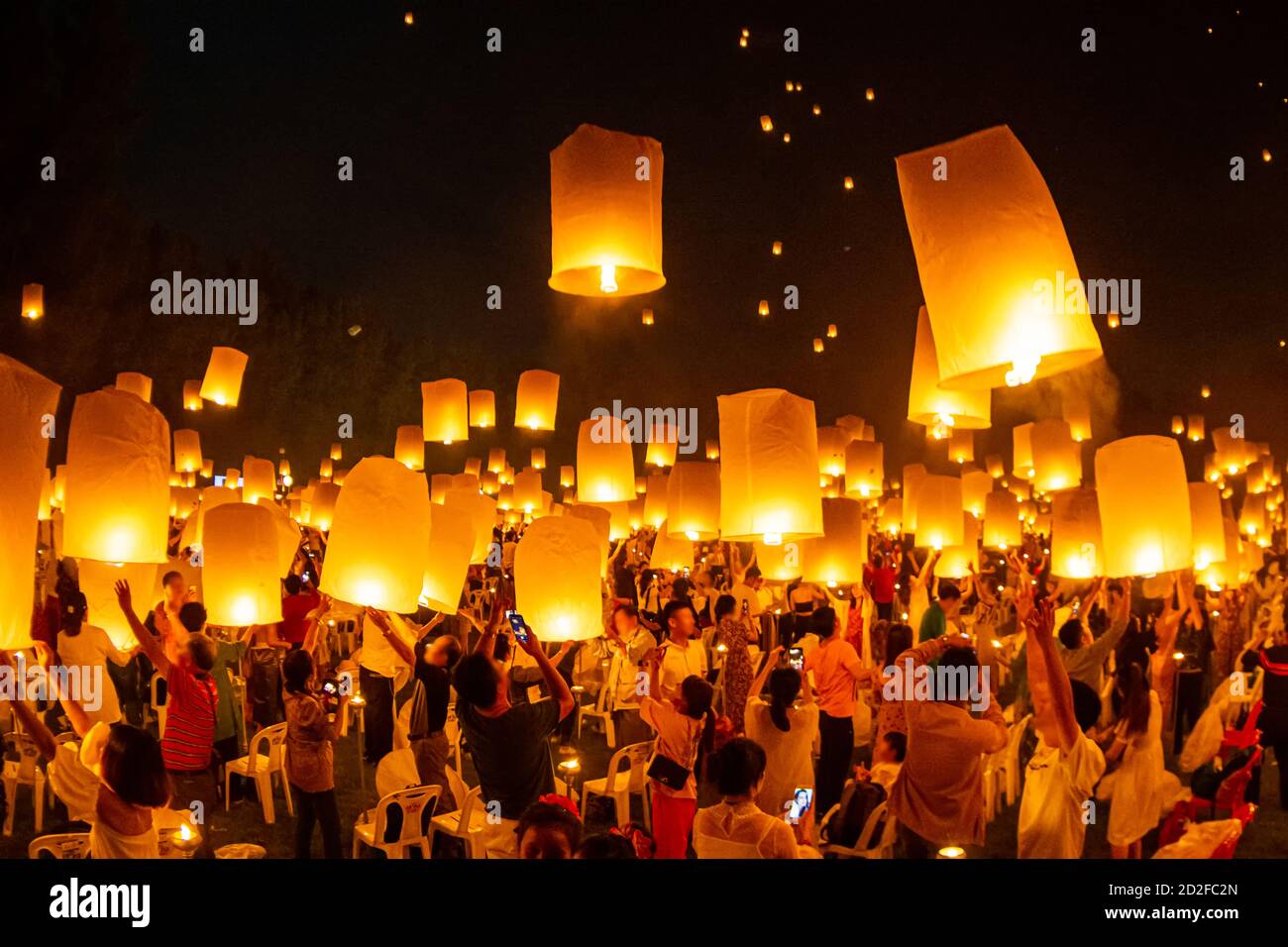 Floating lanterns on sky in Loy Krathong Festival or Yeepeng Festival
