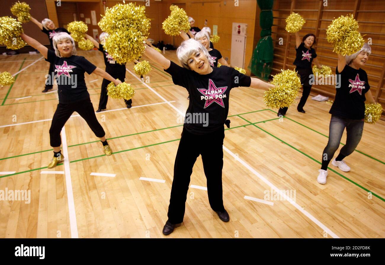 Senior members a cheerleading called "Japan Pom Pom" practice in Tokyo 24, 2010. Japan may have little to celebrate with its economic recovery still fragile, so some cheerleaders are