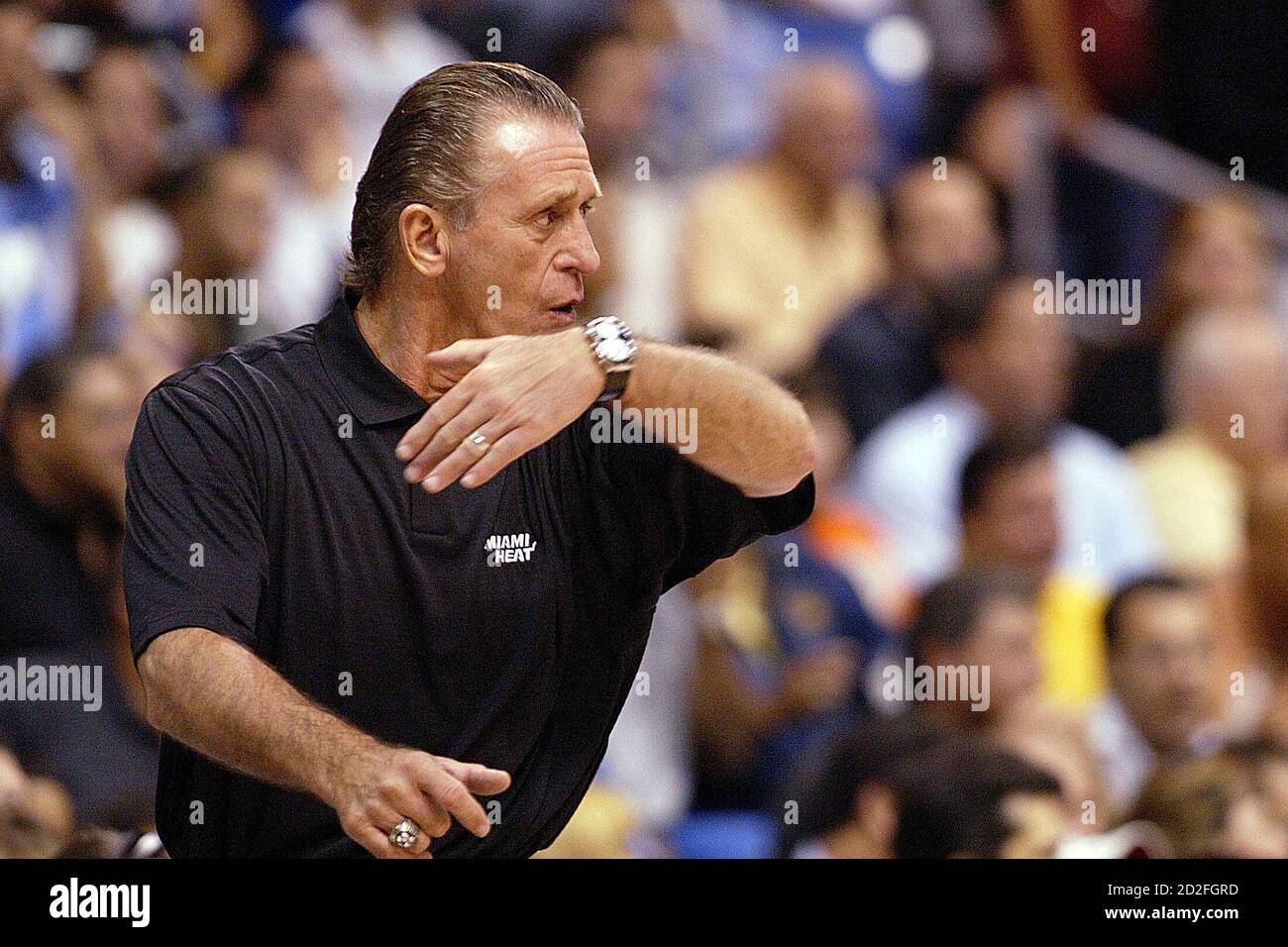 Miami Heat coach Pat Riley reacts during the preseason exhibition game against Detroit Pistons in Jose Miguel Agrelot Coliseum in San Juan, Puerto Rico, October 10, 2006. REUTERS/Ana Martinez (PUERTO RICO Stock Miami Heat coach Pat Riley reacts during the preseason exhibition game against Detroit Pistons in Jose Miguel Agrelot Coliseum in San Juan, Puerto Rico, October 10, 2006. REUTERS/Ana Martinez (PUERTO RICO Stock