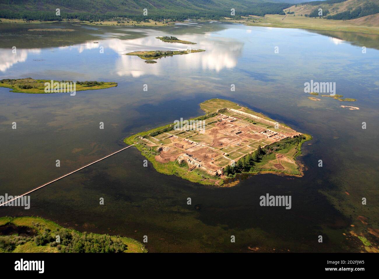 An Aerial View Shows The Excavation Site Of The Ancient Uigurian Fortress Por Bazhyn In The Middle Of The Tere Khol Lake About 1060 Km 659 Miles South Of The Siberian City Of Krasnoyarsk