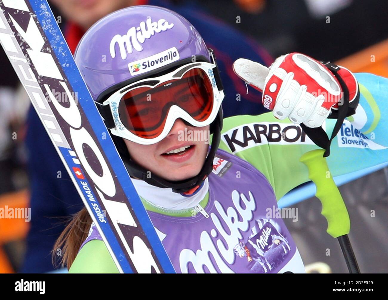 Tina Maze of Slovenia celebrates at the finish area after winning the Alpine Skiing World Cup women's Super-G in the northern Italian ski resort of Tarvisio February 22, 2009. REUTERS/Alessandro Bianchi     (ITALY) Stock Photo
