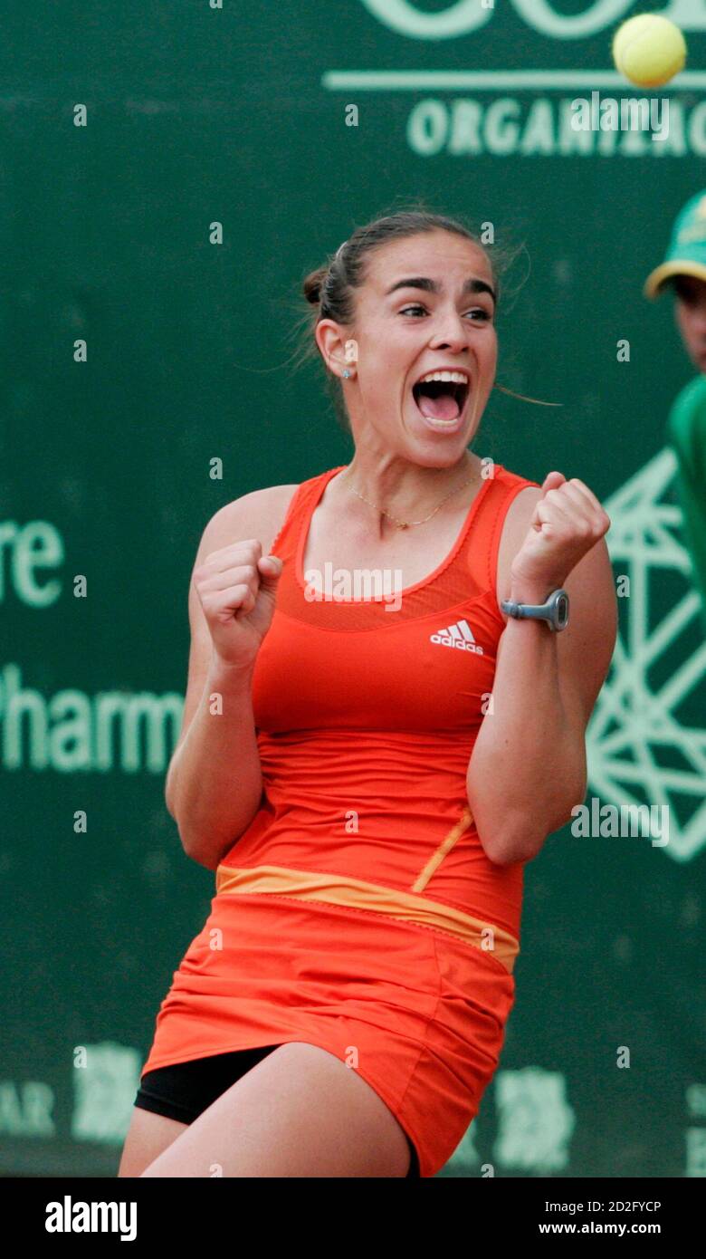 Paula Ormaechea of Argentina celebrates after defeating Julia Cohen of the  U.S. after their Seguros Bolivar Open final tennis match in Bogota July 18,  2010. REUTERS/Fredy Builes (COLOMBIA - Tags: SPORT TENNIS