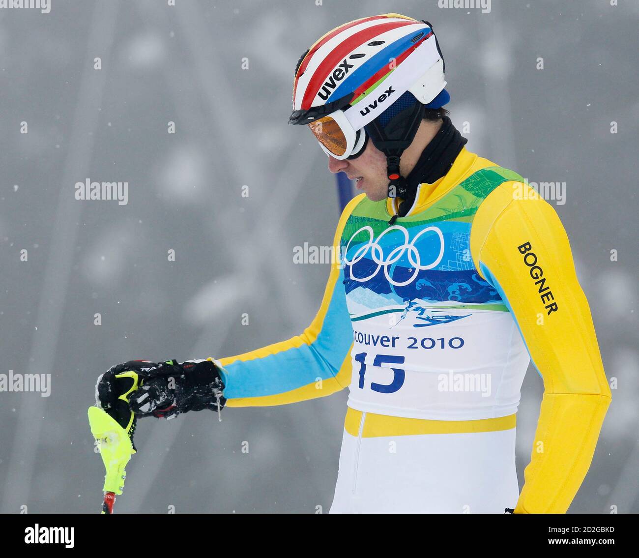 Germany's Felix Neureuther reacts after skiing out during the men's first run of Alpine Skiing Slalom race at the Vancouver 2010 Winter Olympics in Whistler, British Columbia, February 27, 2010. REUTERS/Mike Segar (CANADA) Stock Photo