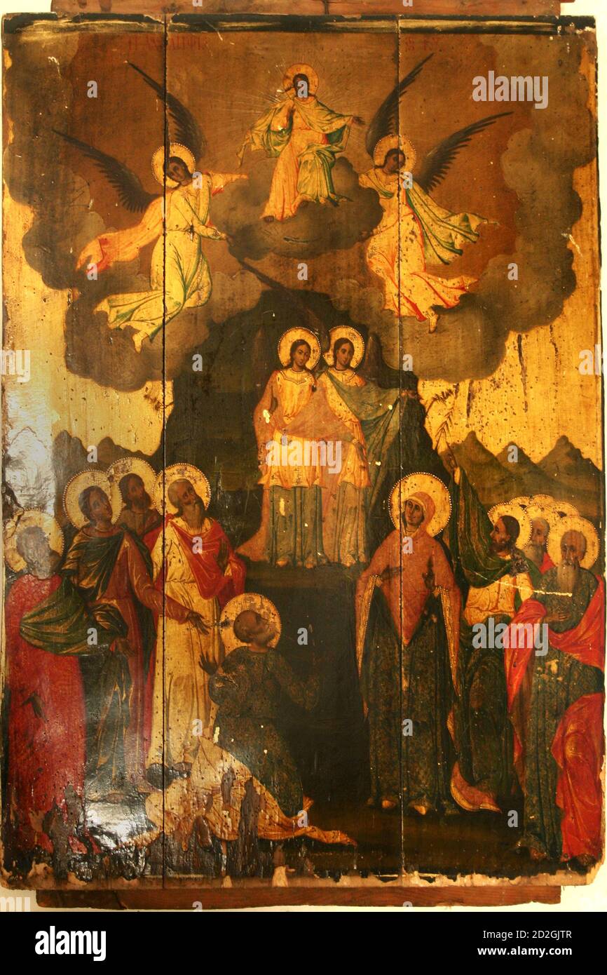 Old Byzantine icon depicting the Ascension of Jesus Christ in Heaven, 40 days after His Resurrection Stock Photo