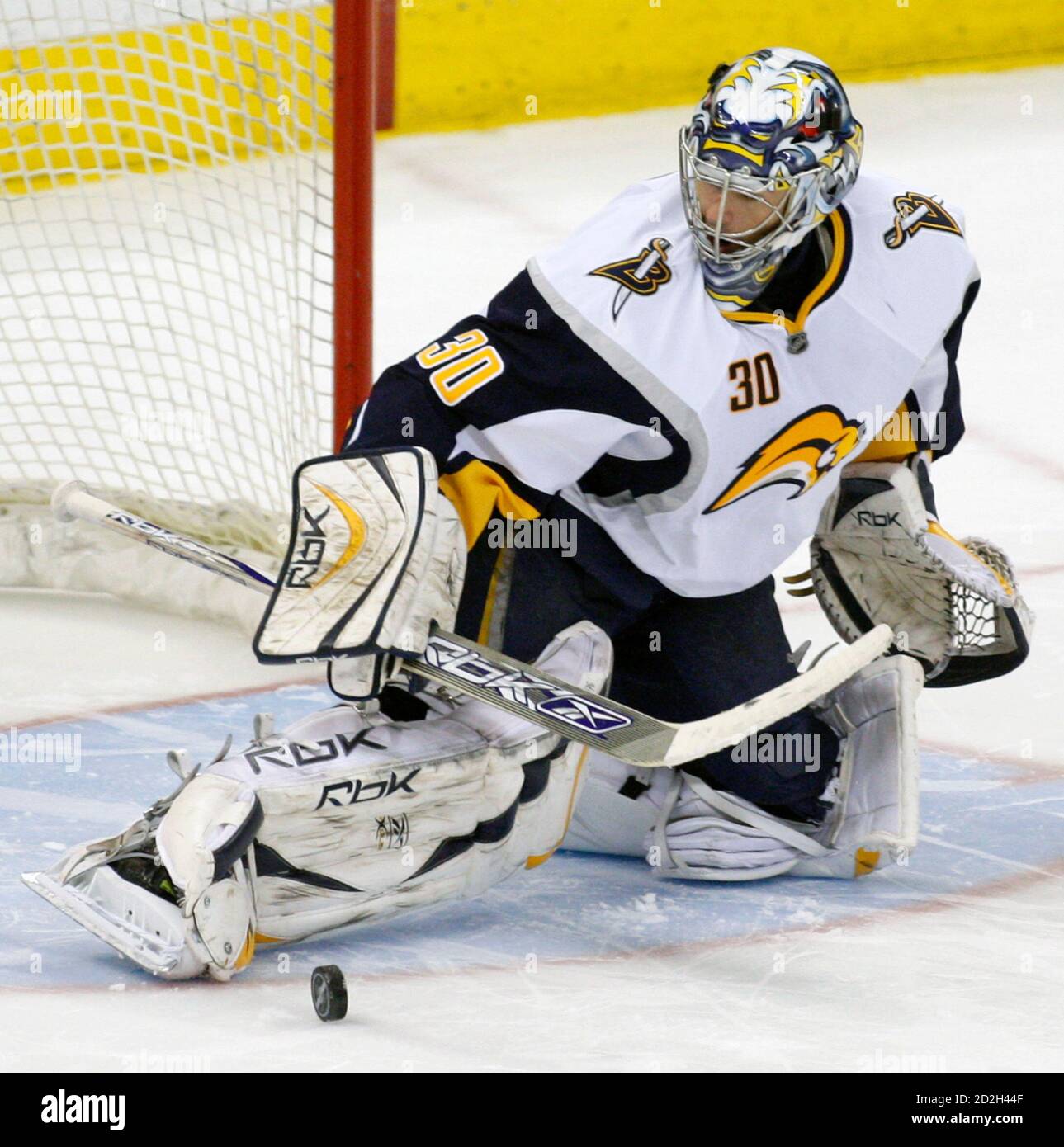 Buffalo Sabres' goaltender Ryan Miller makes a save against the Ottawa Senators during an overtime shootout in their NHL hockey game in Ottawa March 27, 2008.       REUTERS/Chris Wattie       (CANADA) Stock Photo