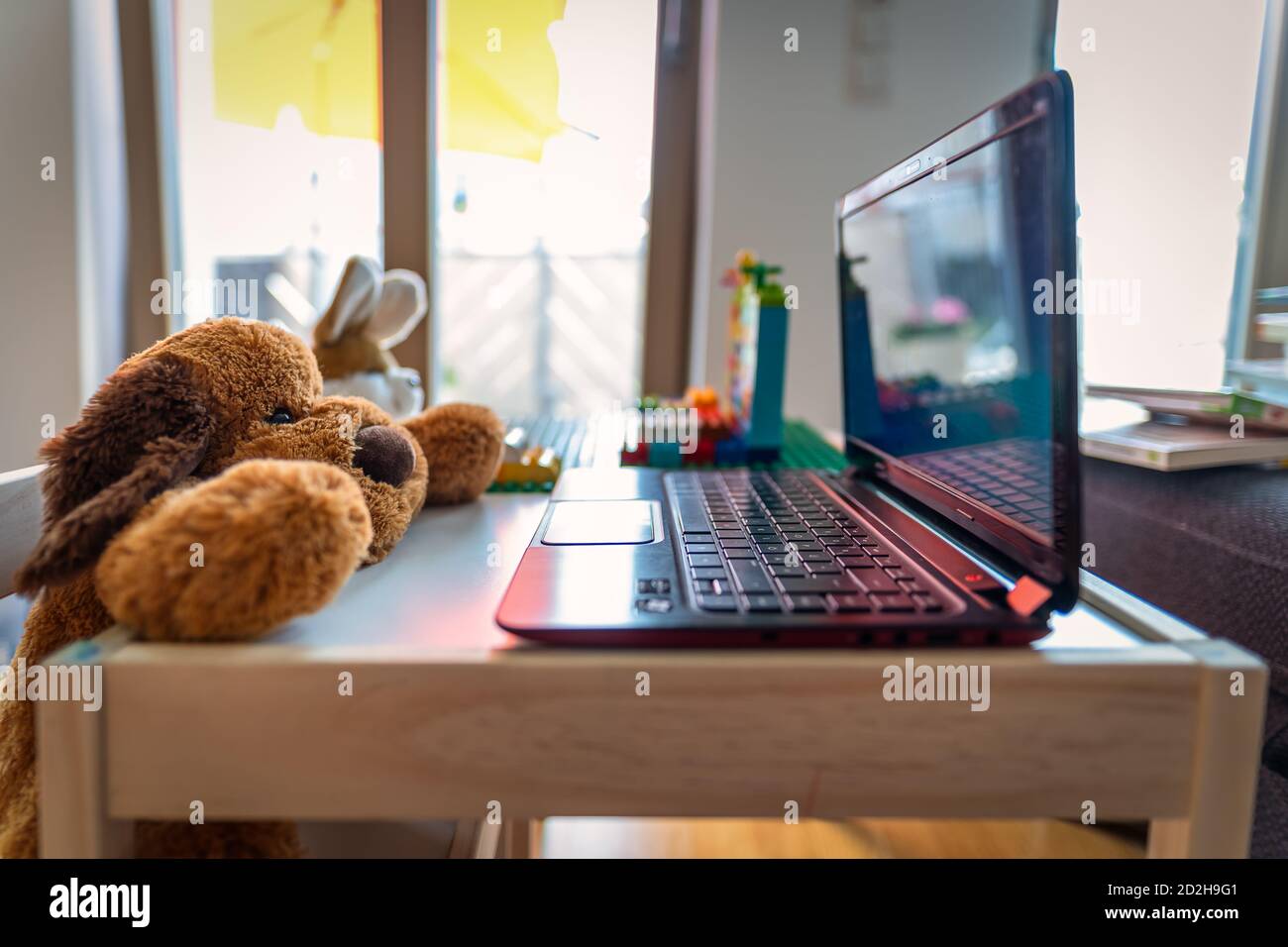 Funny homeoffice scenery with a stuffed teddy and his friend a rabbit working at a laptop. Stock Photo