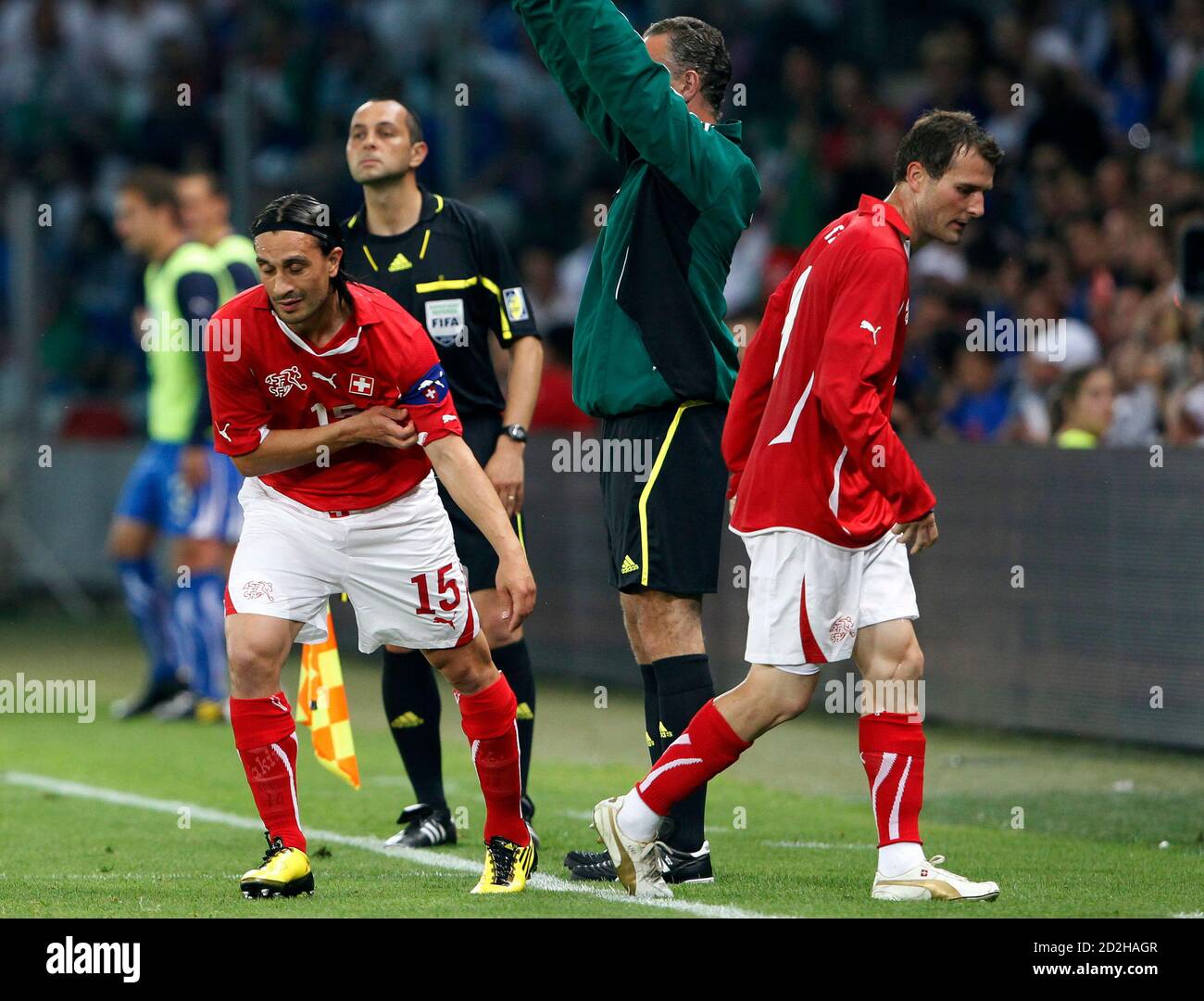 Switzerland S Hakan Yakin L Walks Onto The Pitch As Team Mate Alexander Frei Leaves It During Their Friendly Soccer Match Against Italy In Geneva June 5 2010 Reuters Michael Buholzer Switzerland Tags Sport