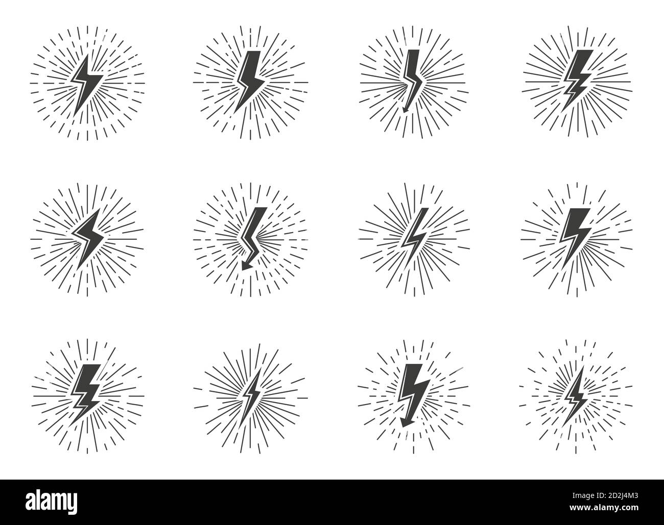 Set of black vintage lightnings sign with sunburst effect. Retro icons electrical strike with arrow, shock light rays. Voltage and power, electricity, energy and thunder. Isolated vector illustration Stock Vector