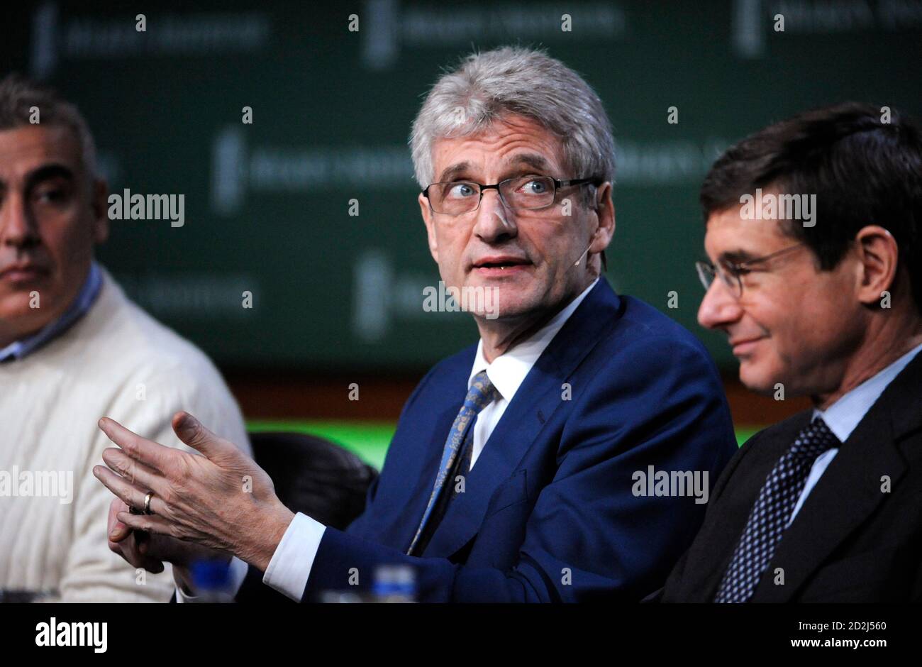 Orin Kramer (C), General Partner of Boston Provident LP; Chairman, New Jersey State Investment Council, speaks along with Marc Lasry (L), Chairman, CEO and Co-Founder, Avenue Capital Group, and Joseph Dear (R), Chief Investment Officer, California Public Employees' Retirement System, during the "The Future of Hedge Funds: Transparent and Liquid" panel at the 2009 Milken Institute Global Conference in Beverly Hills, California April 28, 2009. REUTERS/Phil McCarten (UNITED STATES BUSINESS) Stock Photo