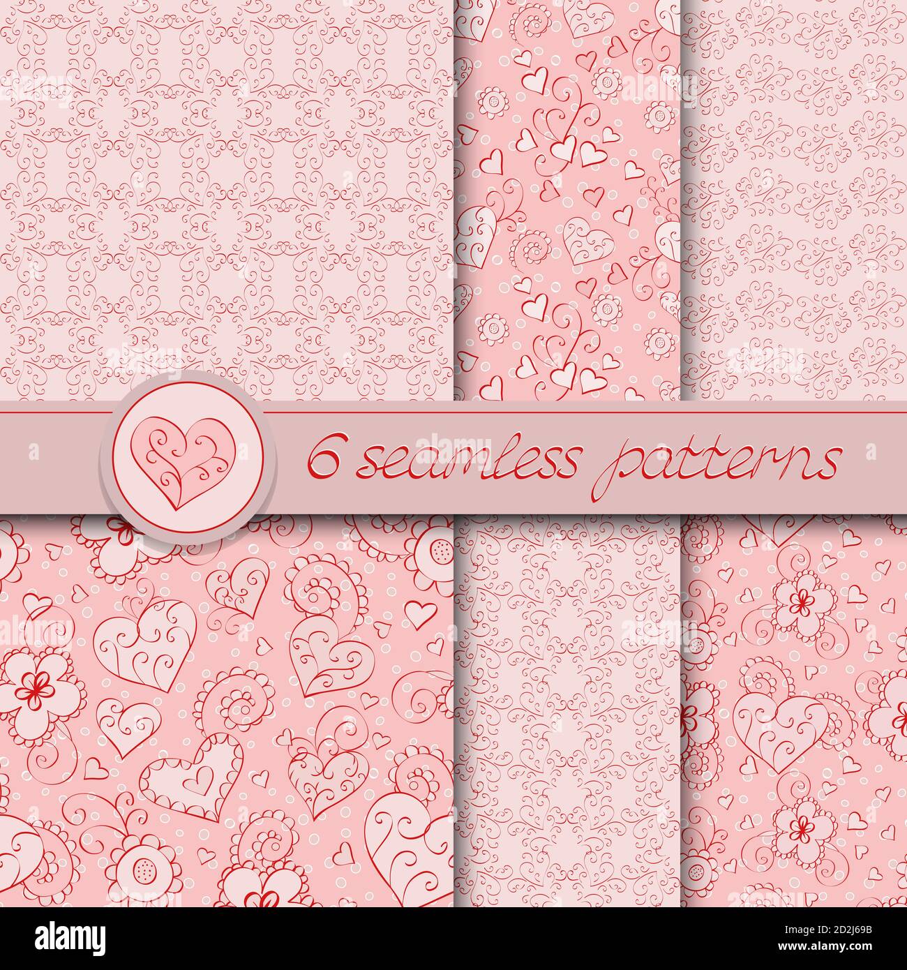 Vector set of six seamless hand drawn patterns for Valentine's Day. In ...