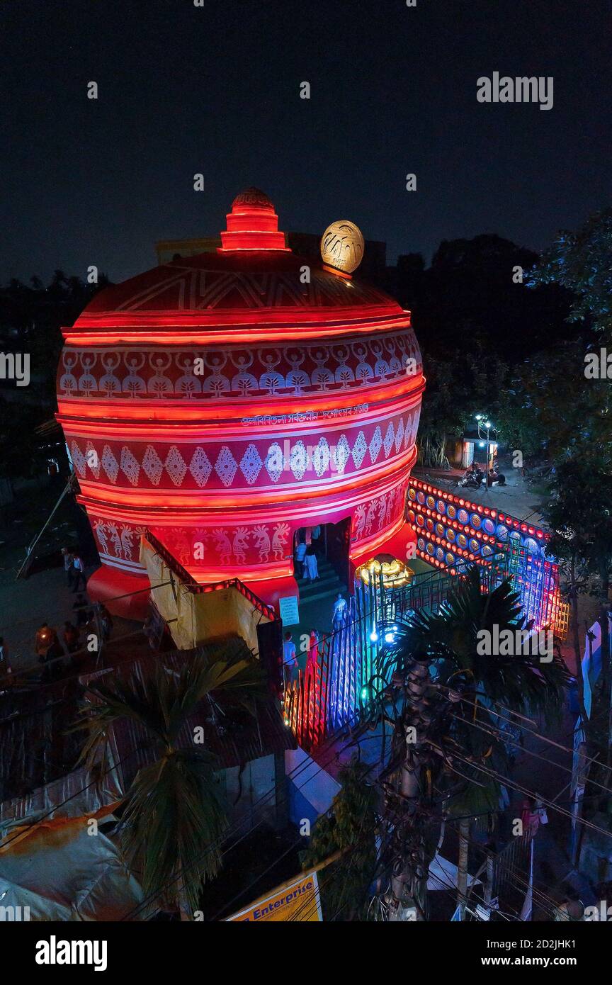 Howrah, West Bengal, India - 5th October 2019 : View of decorated Durga Puja pandal, a temporary temple, Durga Puja festival at night. Shot from above Stock Photo