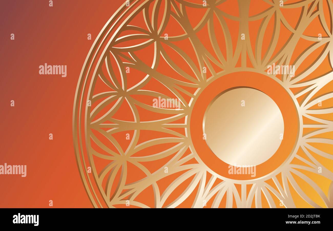 Orange background with a gold patterned circle. Vector Wallpaper with mandala. Stock Vector