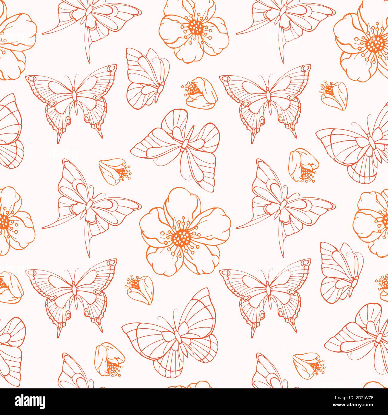 Vector seamless pattern with hand drawn flowers and butterflies. In red ...