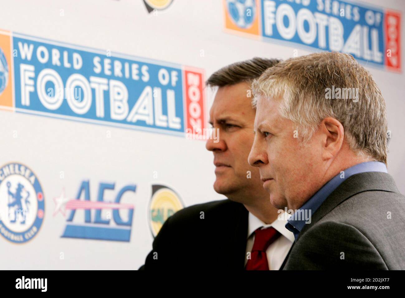 Paul Smith (R), director of business affairs for the Chelsea Football Club,  is joined by AEG President Tim Leiweke at a news conference in Carson,  California March 9, 2007. Smith announced the