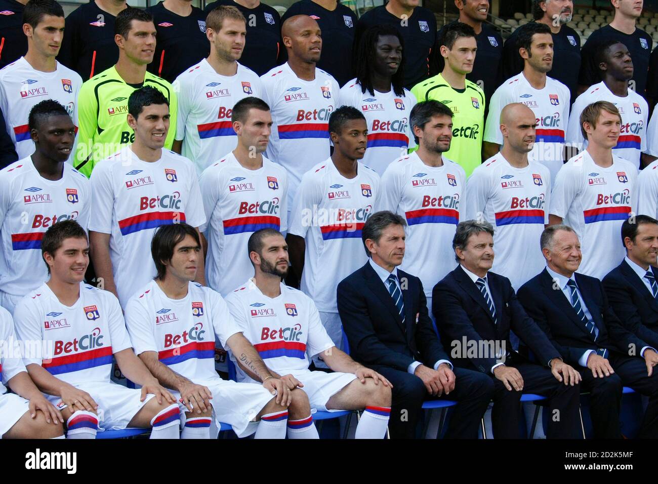 Olympique Lyon's soccer squad poses for a team photo wearing the team  jerseys showing the logo of the sponsor 'Betclic', an online gambling  website, during a photo call at the Gerland stadium