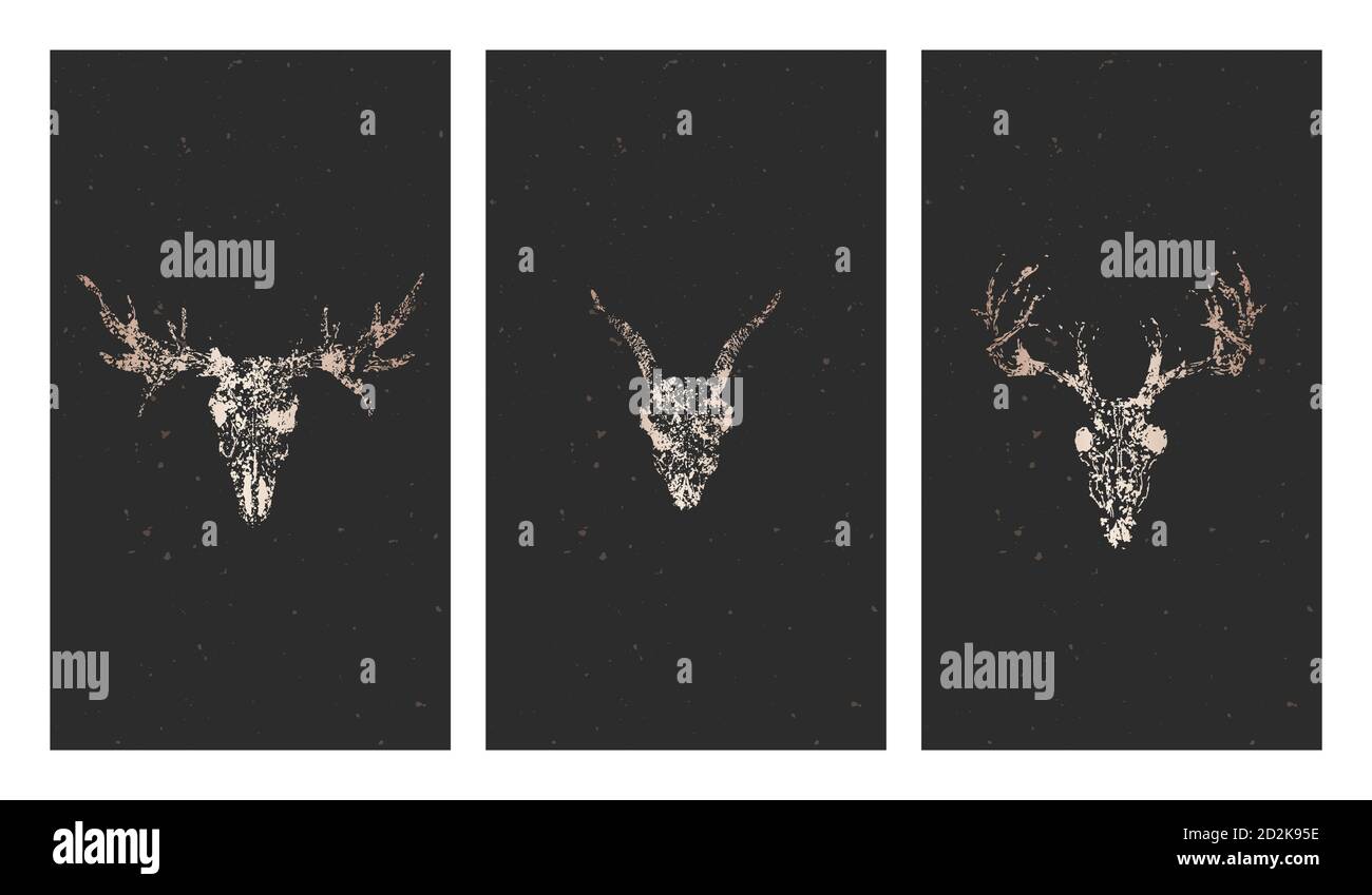 Vector set of three illustrations with gold silhouettes skulls deer ...
