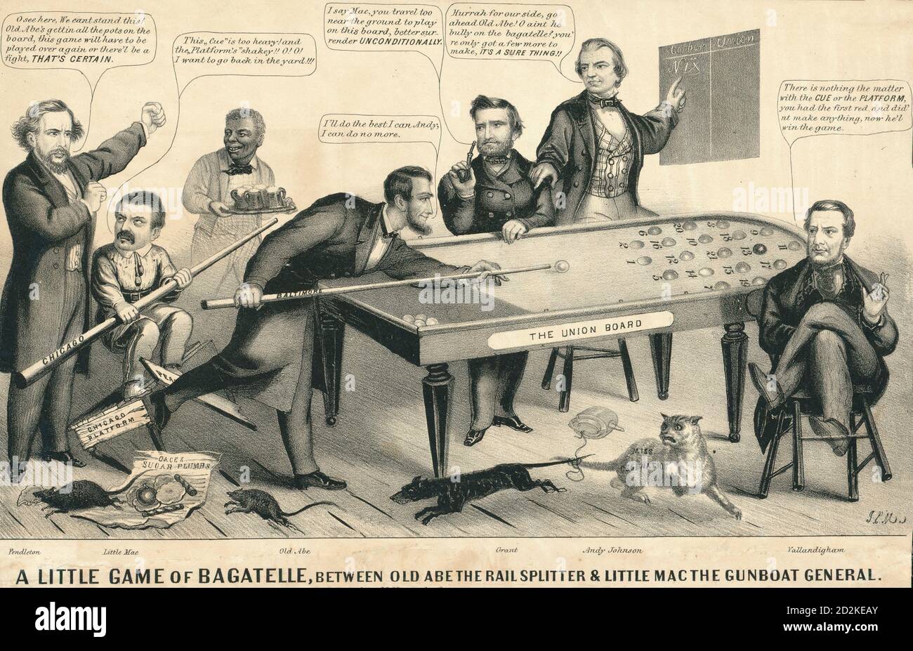A little game of bagatelle, between Old Abe the rail splitter & Little Mac the gunboat general. A Political Cartoon during the American Civil War,  1864 Stock Photo
