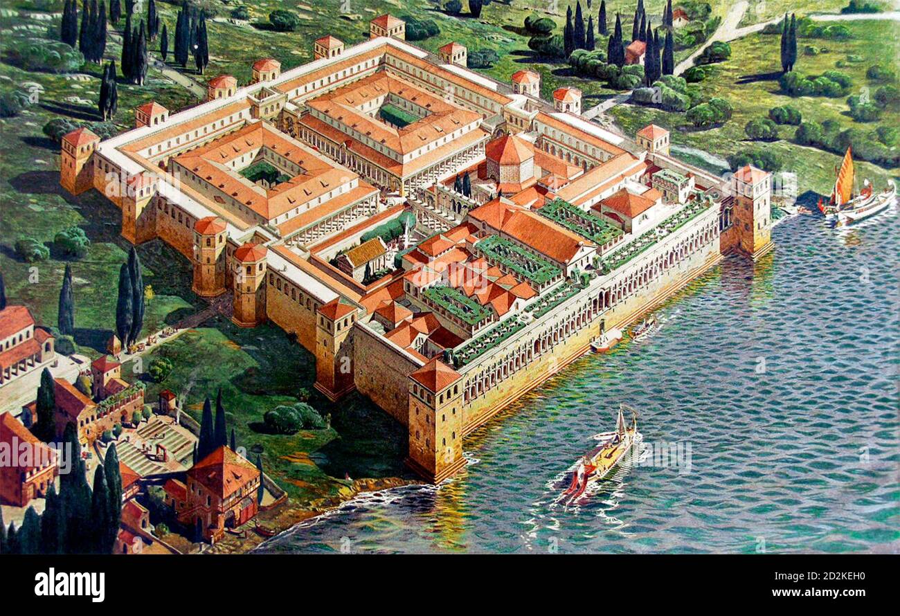 Illustration depicting the Palace of the Roman Emperor Diocletian in its original appearance. Stock Photo