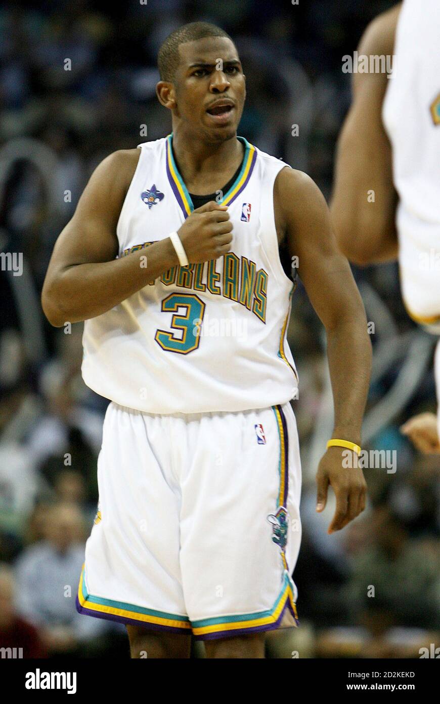 New Orleans Hornets Guard Chris Paul Beats His Chest As His Team Out Scored The Dallas Mavericks During Their Nba Basketball Game In New Orleans Louisiana February 20 2008 Reuters Sean Gardner United States
