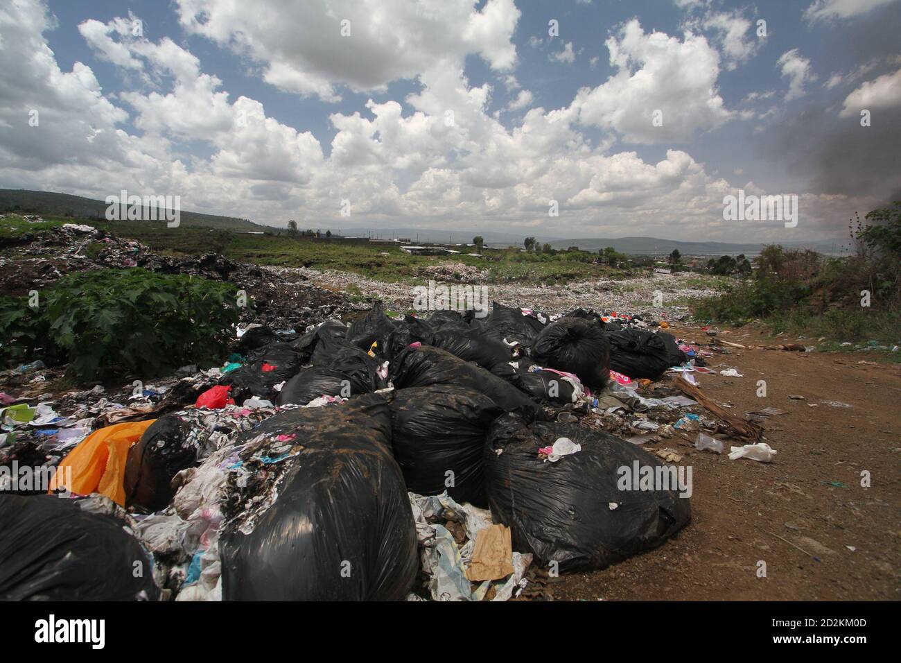 Plastic bags containing medical waste at a local landfill in the