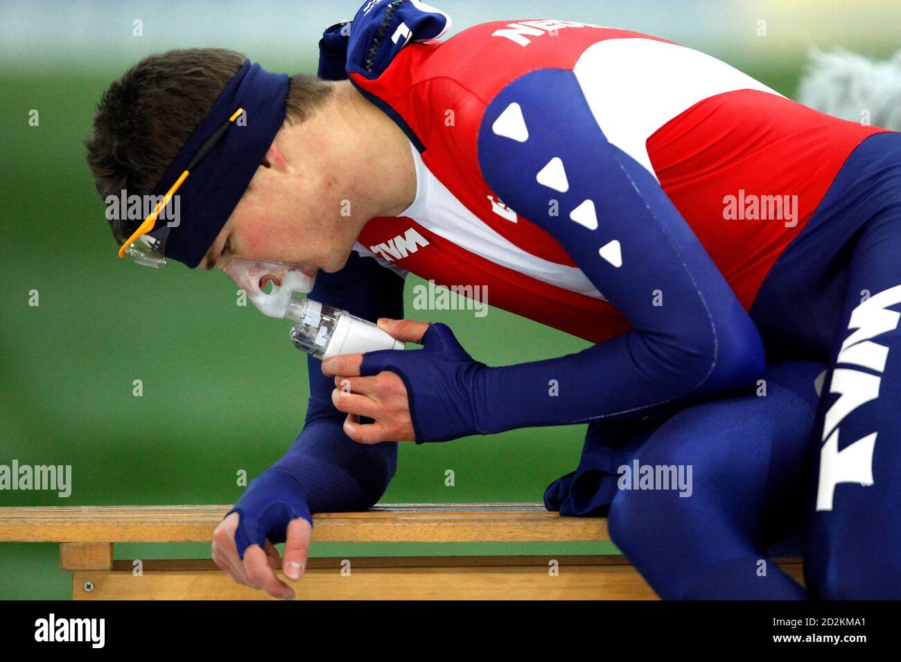 Netherlands' Sven Kramer reacts as he breaths in oxygen after his men's 1500  meters European Allround Speed Skating Championships race at the former  Olympic "The Viking Ship" skating arena in Hamar January