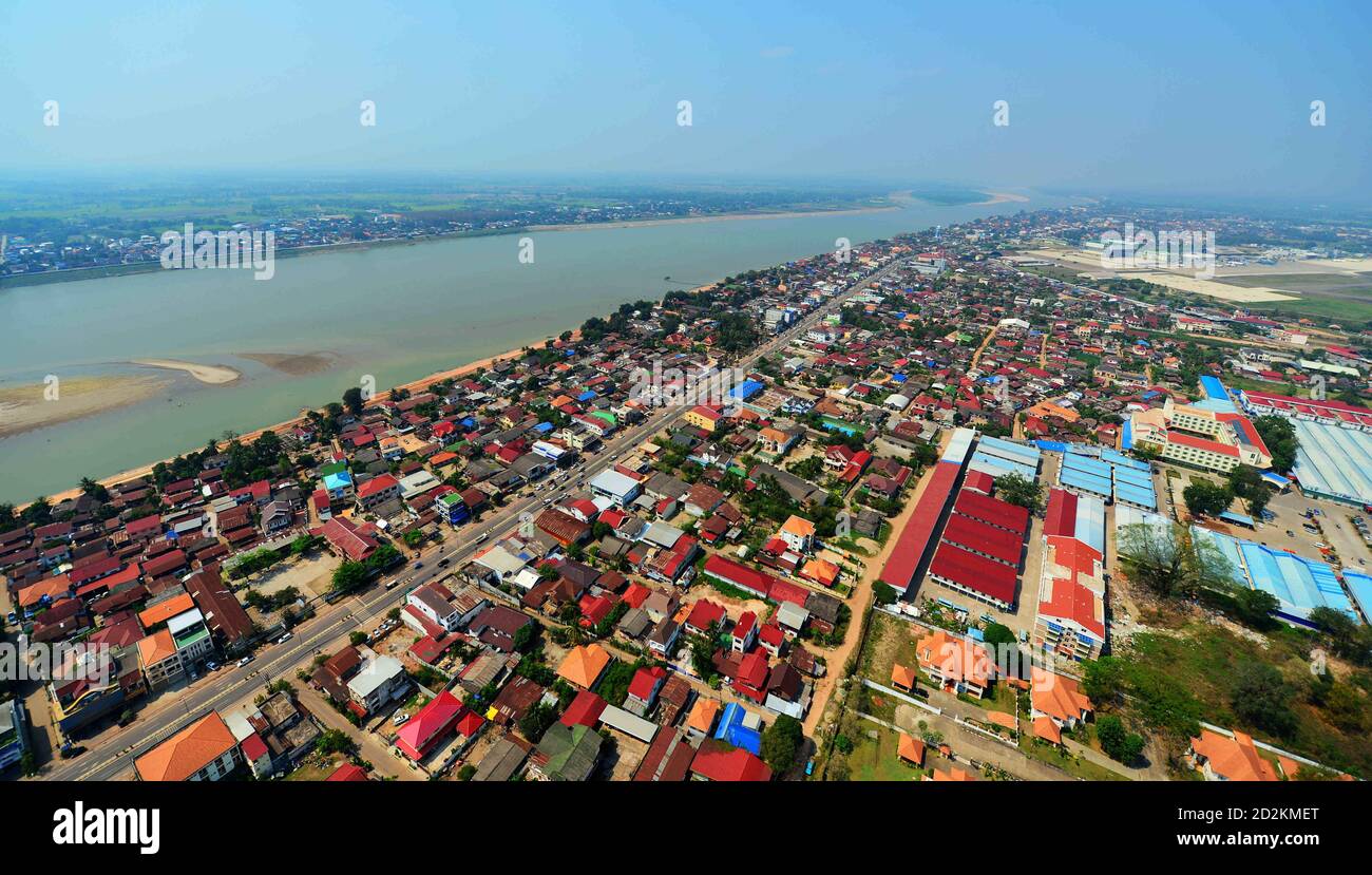 Vientiane. 7th Mar, 2013. Aerial photo taken on March 7, 2013 shows a view of the Lao capital Vientiane. Laos is the only landlocked country in Southeast Asia. In the central part of the country, the capital Vientiane is located on the alluvial plain on the Mekong River, suitable for fishing and plantation. The Lan Xang Kingdom, the first unified multi-ethnic nation in the history of Laos, moved its capital to Vientiane in the mid-16th century, and Vientiane gradually prospered. Credit: Alan Liu/Xinhua/Alamy Live News Stock Photo