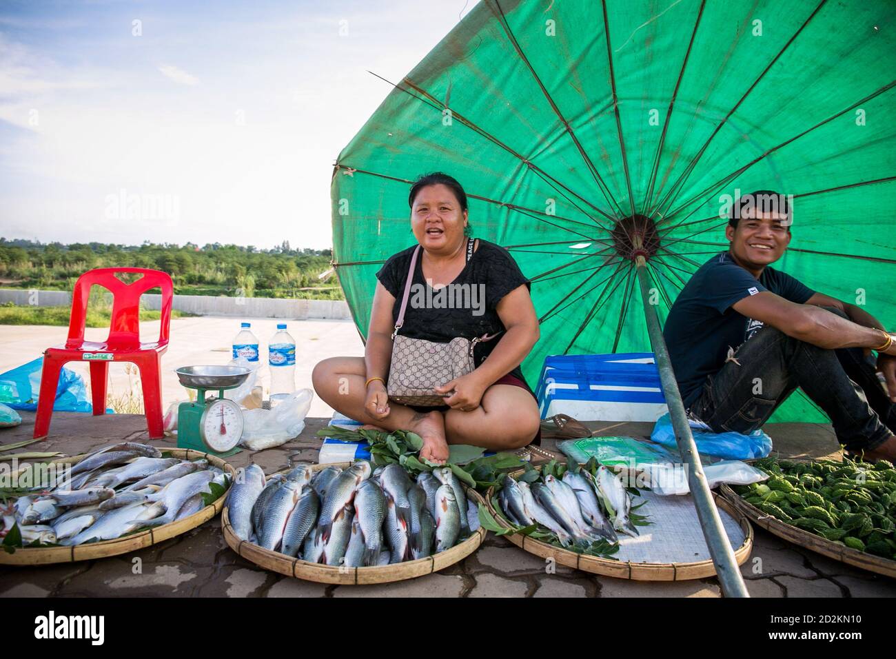 Vientiane, Laos. 10th June, 2020. A Lao lady sells fish in a market along the Mekong River in Vientiane, Laos, on June 10, 2020. Laos is the only landlocked country in Southeast Asia. In the central part of the country, the capital Vientiane is located on the alluvial plain on the Mekong River, suitable for fishing and plantation. The Lan Xang Kingdom, the first unified multi-ethnic nation in the history of Laos, moved its capital to Vientiane in the mid-16th century, and Vientiane gradually prospered. Credit: Kaikeo Saiyasane/Xinhua/Alamy Live News Stock Photo