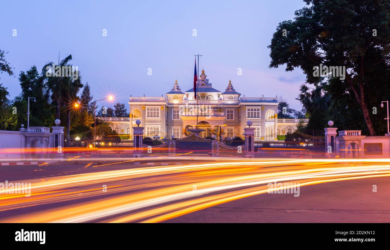 Vientiane. 3rd Sep, 2020. Photo taken on Sept. 3, 2020 shows a night view of the Presidential Palace in Vientiane, Laos. Laos is the only landlocked country in Southeast Asia. In the central part of the country, the capital Vientiane is located on the alluvial plain on the Mekong River, suitable for fishing and plantation. The Lan Xang Kingdom, the first unified multi-ethnic nation in the history of Laos, moved its capital to Vientiane in the mid-16th century, and Vientiane gradually prospered. Credit: Kaikeo Saiyasane/Xinhua/Alamy Live News Stock Photo