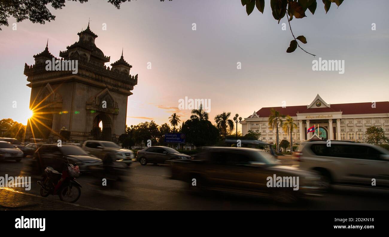 Vientiane. 31st Oct, 2019. Photo taken on Oct. 31, 2019 shows a view of Patuxay park in Vientiane, Laos. Laos is the only landlocked country in Southeast Asia. In the central part of the country, the capital Vientiane is located on the alluvial plain on the Mekong River, suitable for fishing and plantation. The Lan Xang Kingdom, the first unified multi-ethnic nation in the history of Laos, moved its capital to Vientiane in the mid-16th century, and Vientiane gradually prospered. Credit: Kaikeo Saiyasane/Xinhua/Alamy Live News Stock Photo