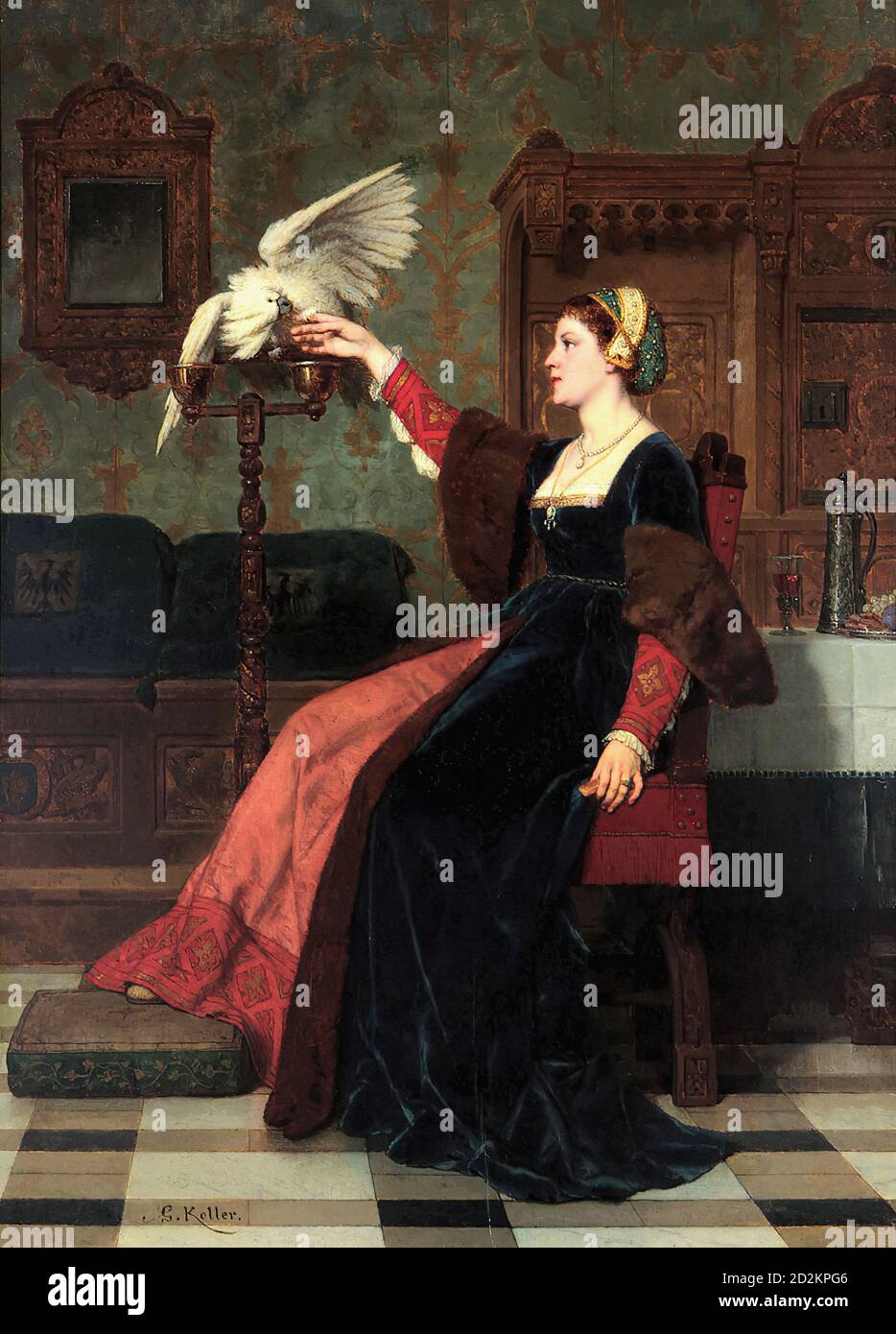 Koller Wilhelm - Lady with Parrot - Austrian School - 19th  Century Stock Photo