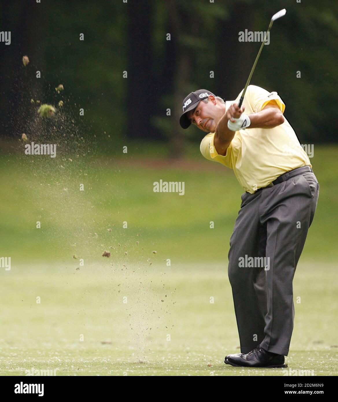 Angel Cabrera of Argentina hits from the fairway on the 12th hole during the final round of the Quail Hollow Championship in Charlotte, North Carolina May 2, 2010. REUTERS/Jason Miczek (UNITED STATES - Tags: SPORT GOLF) Stock Photo