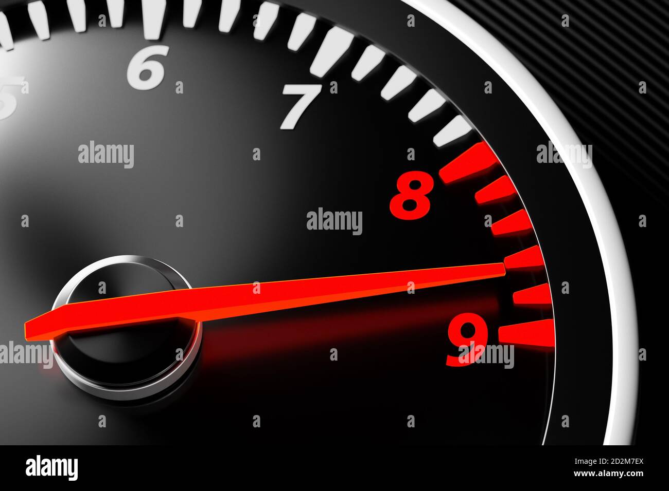 3D illustration close up black car panel, digital bright tachometer
